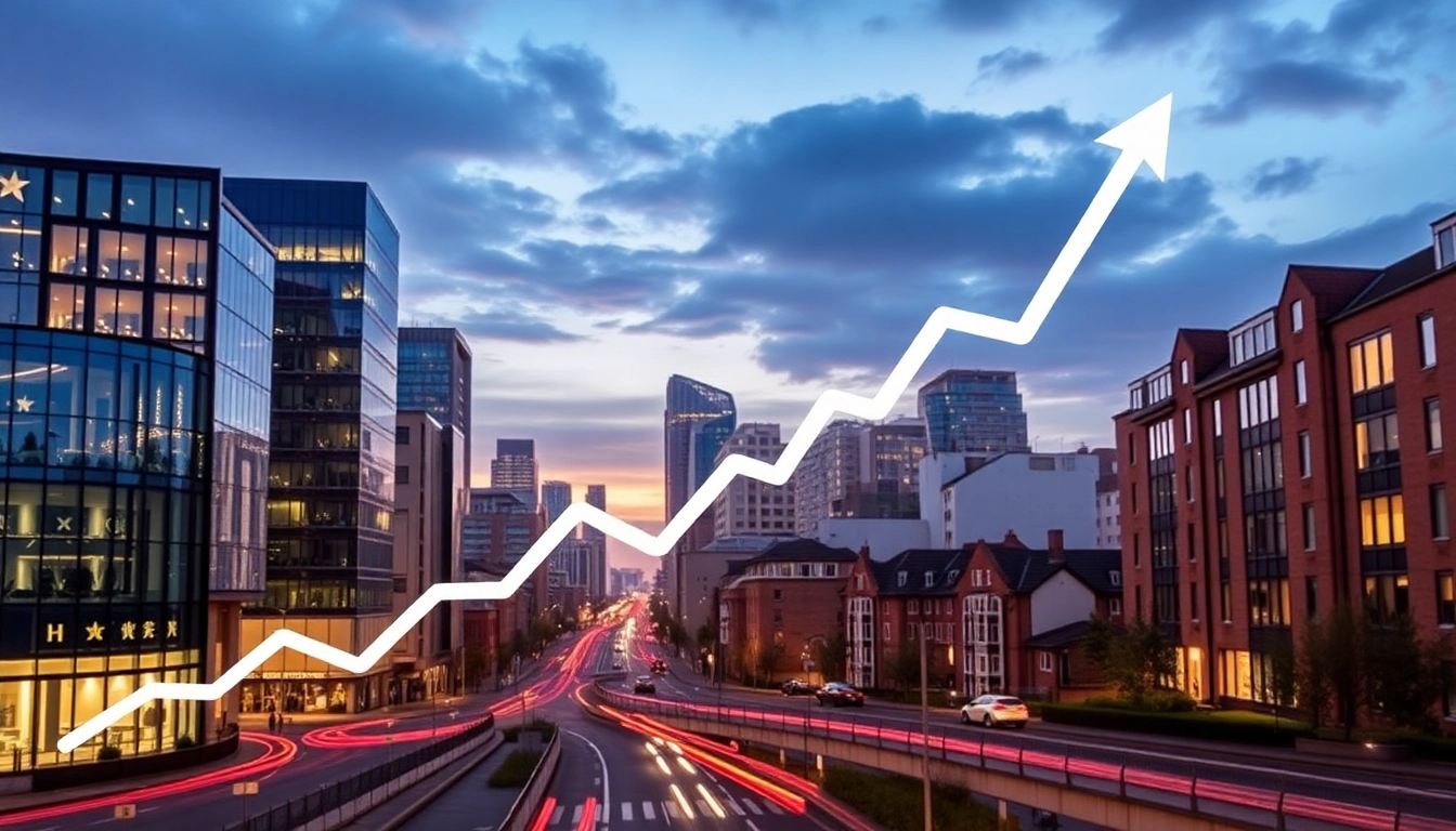Visual representation of UK House Prices rising with a detailed cityscape and growth chart