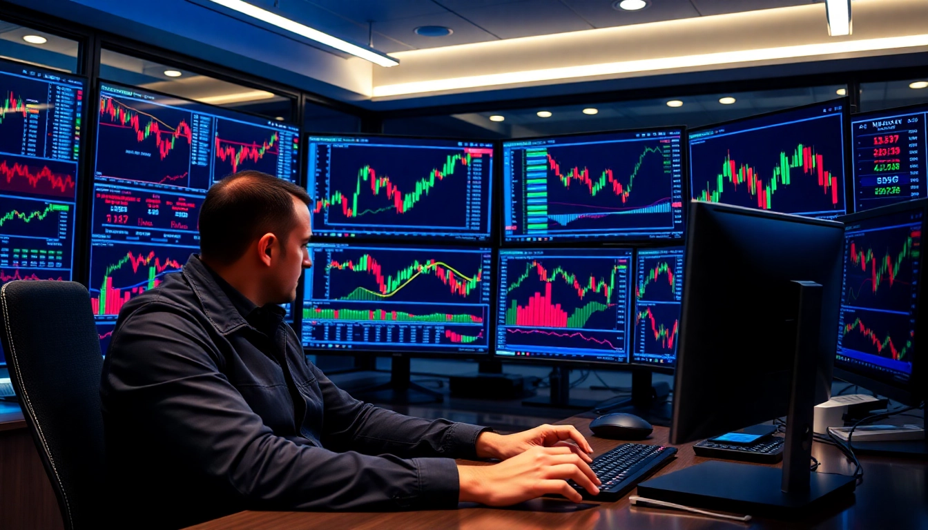 Forex Broker UK professional trader analyzing online trading platform on multiple screens with
