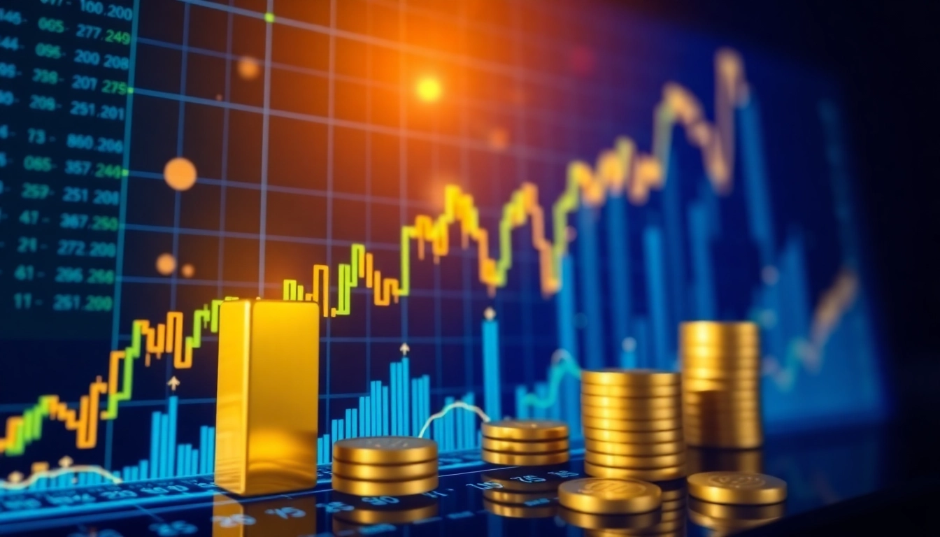 Investment News analysis showing stock charts, gold records, and currency symbols for financial